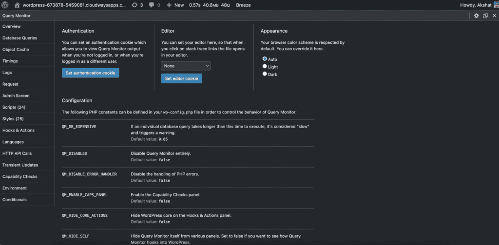 Query Monitor interface